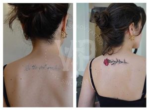 Before and after cover up tattoo on back with carnation flower, Lisbon